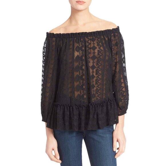 Rebecca Taylor Womens Embroidered Black Silk Lace Sheer Off The Shoulder Blouse - Picture 1 of 10